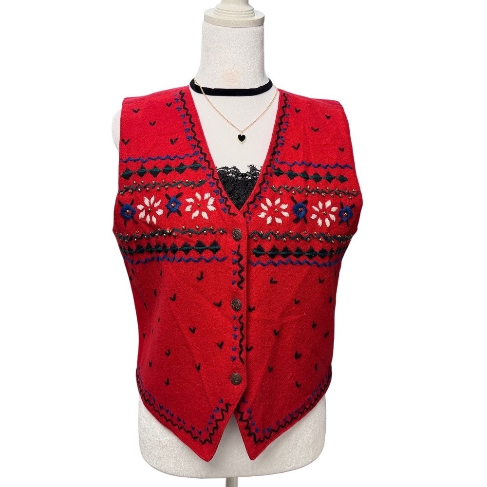 Vintage 90s Red Wool Embroidered Floral Beaded Vest Small Boho Festival Grandma